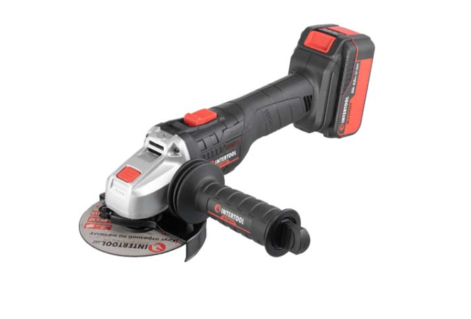 INTERTOOL WT-0366 Шліфмашина кутова акумуляторна з безщітковим двигуном 20 В, 125 мм, 10000 об/хв, літій-іон, 4.0 Ач, ЗП 4А, кейс